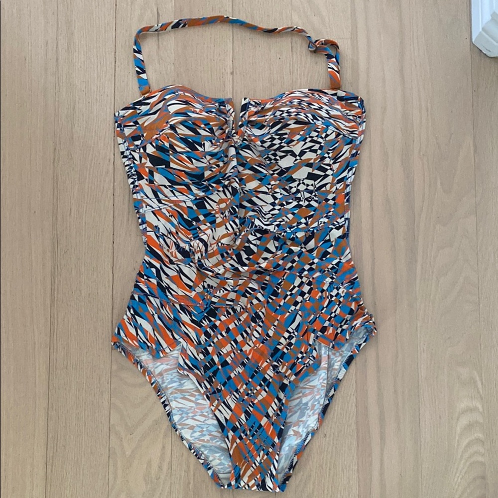 SHAN Multicolor Geometric One-Piece Swimsuit - Blue, Orange, White size 10